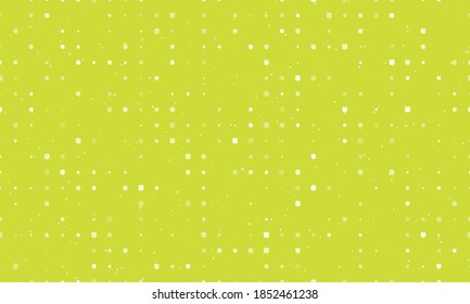 Seamless background pattern of evenly spaced white four-leaf clover symbols of different sizes and opacity. Vector illustration on lime background with stars