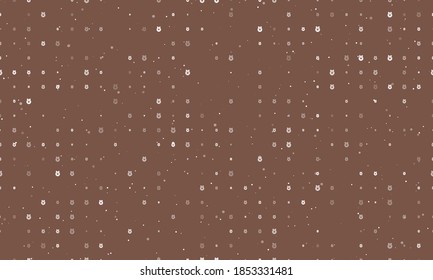 Seamless background pattern of evenly spaced white christmas wreath symbols of different sizes and opacity. Vector illustration on brown background with stars