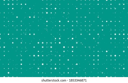 Seamless background pattern of evenly spaced white coronavirus symbols of different sizes and opacity. Vector illustration on teal background with stars