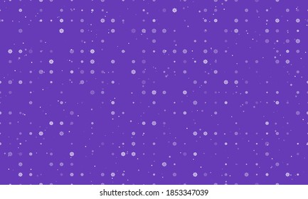Seamless background pattern of evenly spaced white wheel symbols of different sizes and opacity. Vector illustration on deep purple background with stars