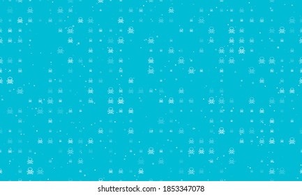 Seamless background pattern of evenly spaced white skulls of different sizes and opacity. Vector illustration on cyan background with stars