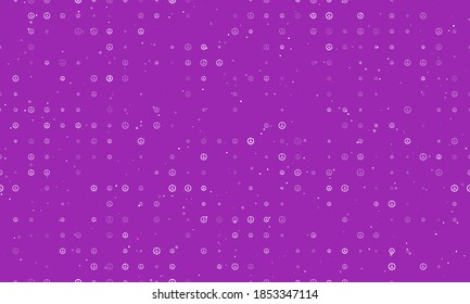Seamless background pattern of evenly spaced white peace symbols of different sizes and opacity. Vector illustration on purple background with stars