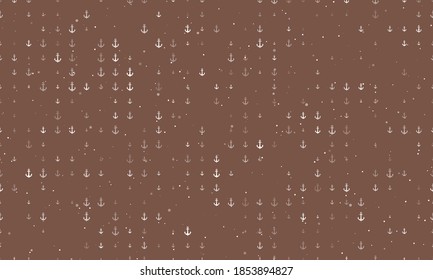 Seamless background pattern of evenly spaced white sea anchor symbols of different sizes and opacity. Vector illustration on brown background with stars