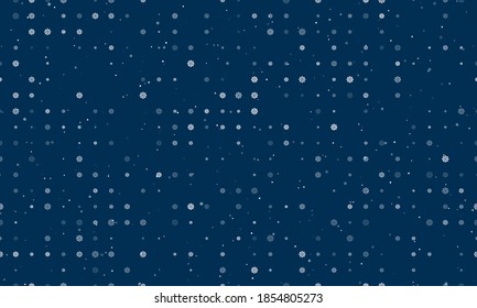 Seamless background pattern of evenly spaced white wheel symbols of different sizes and opacity. Vector illustration on dark blue background with stars