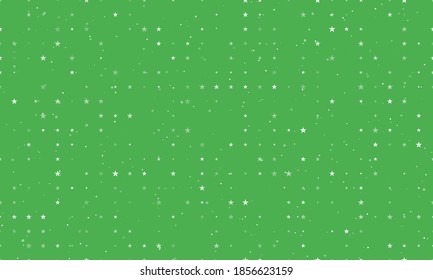 Seamless background pattern of evenly spaced white star symbols of different sizes and opacity. Vector illustration on green background with stars
