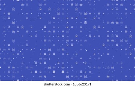 Seamless background pattern of evenly spaced white skulls of different sizes and opacity. Vector illustration on indigo background with stars