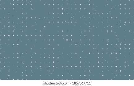Seamless background pattern of evenly spaced white coronavirus symbols of different sizes and opacity. Vector illustration on blue grey background with stars