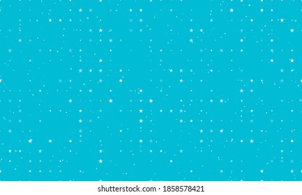 Seamless background pattern of evenly spaced white star symbols of different sizes and opacity. Vector illustration on cyan background with stars