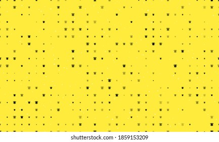 Seamless background pattern of evenly spaced black bell symbols of different sizes and opacity. Vector illustration on yellow background with stars