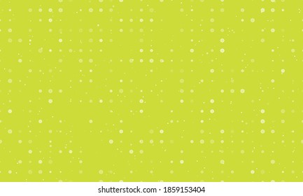 Seamless background pattern of evenly spaced white wheel symbols of different sizes and opacity. Vector illustration on lime background with stars