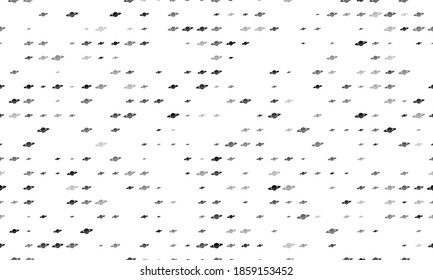 Seamless background pattern of evenly spaced black saturn symbols of different sizes and opacity. Vector illustration on white background