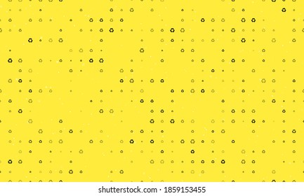 Seamless background pattern of evenly spaced black recycling symbols of different sizes and opacity. Vector illustration on yellow background with stars