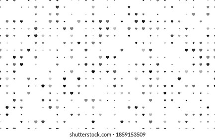 Seamless background pattern of evenly spaced black hearts of different sizes and opacity. Vector illustration on white background