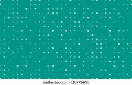 Seamless background pattern of evenly spaced white car wheel symbols of different sizes and opacity. Vector illustration on teal background with stars