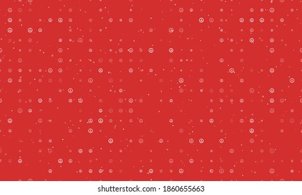 Seamless background pattern of evenly spaced white peace symbols of different sizes and opacity. Vector illustration on red background with stars