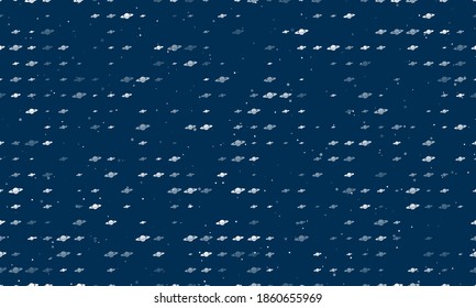 Seamless background pattern of evenly spaced white saturn symbols of different sizes and opacity. Vector illustration on dark blue background with stars