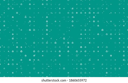 Seamless background pattern of evenly spaced white recycling symbols of different sizes and opacity. Vector illustration on teal background with stars