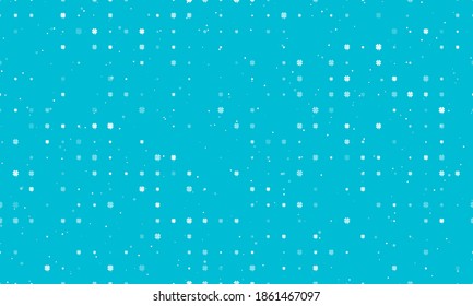 Seamless background pattern of evenly spaced white four-leaf clover symbols of different sizes and opacity. Vector illustration on cyan background with stars