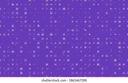 Seamless background pattern of evenly spaced white skulls of different sizes and opacity. Vector illustration on deep purple background with stars