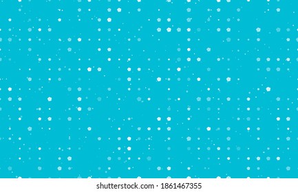 Seamless background pattern of evenly spaced white geraniums of different sizes and opacity. Vector illustration on cyan background with stars