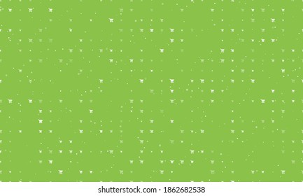 Seamless background pattern of evenly spaced white shopping cart symbols of different sizes and opacity. Vector illustration on light green background with stars