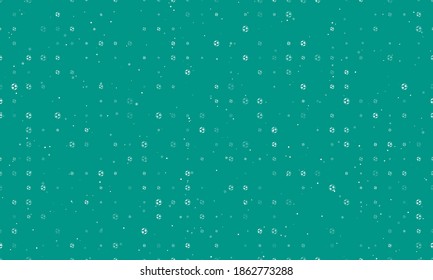 Seamless background pattern of evenly spaced white football symbols of different sizes and opacity. Vector illustration on teal background with stars