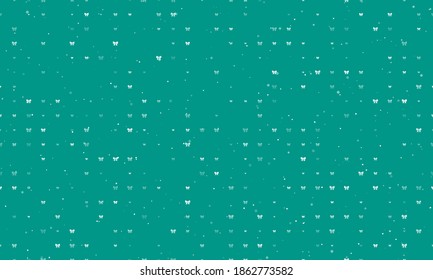 Seamless background pattern of evenly spaced white bow symbols of different sizes and opacity. Vector illustration on teal background with stars