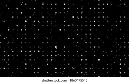 Seamless background pattern of evenly spaced white four-leaf clover symbols of different sizes and opacity. Vector illustration on black background with stars
