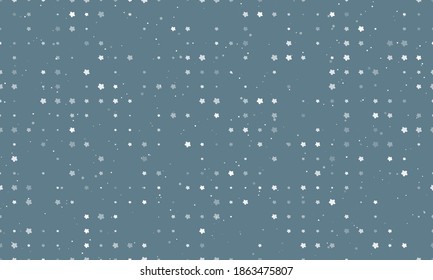 Seamless background pattern of evenly spaced white forget-me-not flowers of different sizes and opacity. Vector illustration on blue grey background with stars