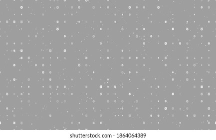 Seamless background pattern of evenly spaced white christmas wreath symbols of different sizes and opacity. Vector illustration on grey background with stars