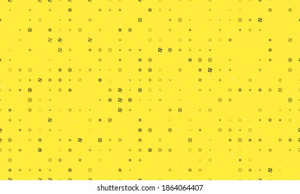 Seamless background pattern of evenly spaced black football symbols of different sizes and opacity. Vector illustration on yellow background with stars