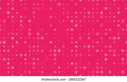 Seamless background pattern of evenly spaced white atomic symbols of different sizes and opacity. Vector illustration on pink background with stars