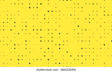 Patrón de fondo sin foco de símbolos yin yang negro uniformemente espaciados de diferentes tamaños y opacidad. Ilustración vectorial sobre fondo amarillo con estrellas