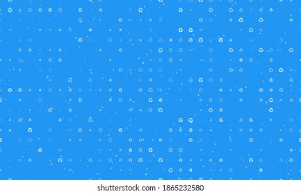 Seamless background pattern of evenly spaced white recycling symbols of different sizes and opacity. Vector illustration on blue background with stars