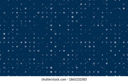 Seamless background pattern of evenly spaced white radiation symbols of different sizes and opacity. Vector illustration on dark blue background with stars