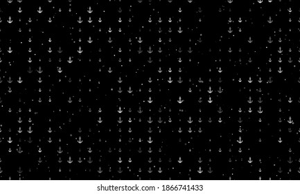 Seamless background pattern of evenly spaced white sea anchor symbols of different sizes and opacity. Vector illustration on black background with stars