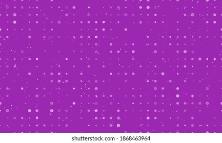Seamless background pattern of evenly spaced white wheel symbols of different sizes and opacity. Vector illustration on purple background with stars