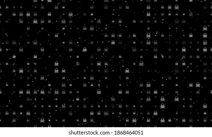 Seamless background pattern of evenly spaced white skulls of different sizes and opacity. Vector illustration on black background with stars