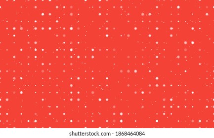 Seamless background pattern of evenly spaced white coronavirus symbols of different sizes and opacity. Vector illustration on red background with stars