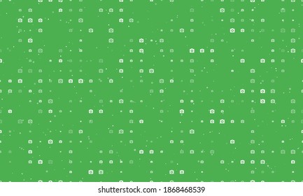 Seamless background pattern of evenly spaced white photo camera symbols of different sizes and opacity. Vector illustration on green background with stars