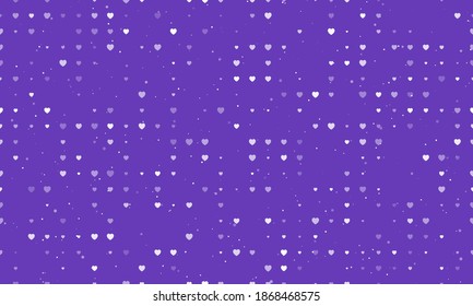 Seamless background pattern of evenly spaced white hearts of different sizes and opacity. Vector illustration on deep purple background with stars