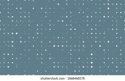 Seamless background pattern of evenly spaced white gear symbols of different sizes and opacity. Vector illustration on blue grey background with stars