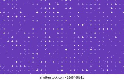 Seamless background pattern of evenly spaced white clubs of different sizes and opacity. Vector illustration on deep purple background with stars
