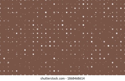 Seamless background pattern of evenly spaced white four-leaf clover symbols of different sizes and opacity. Vector illustration on brown background with stars