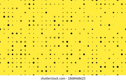 Seamless background pattern of evenly spaced black circles of different sizes and opacity. Vector illustration on yellow background with stars