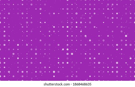 Seamless background pattern of evenly spaced white car wheel symbols of different sizes and opacity. Vector illustration on purple background with stars
