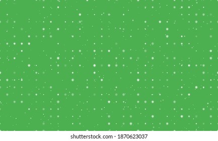 Seamless background pattern of evenly spaced white coronavirus symbols of different sizes and opacity. Vector illustration on green background with stars