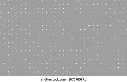 Seamless background pattern of evenly spaced white coronavirus symbols of different sizes and opacity. Vector illustration on grey background with stars