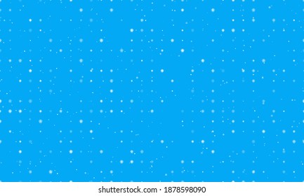Seamless background pattern of evenly spaced white coronavirus symbols of different sizes and opacity. Vector illustration on light blue background with stars