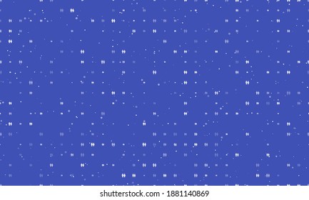 Seamless background pattern of evenly spaced white man with woman symbols of different sizes and opacity. Vector illustration on indigo background with stars